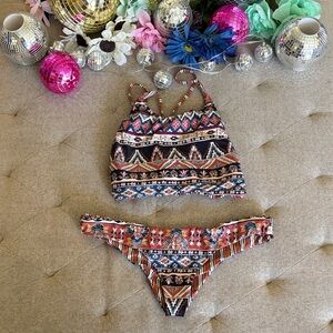 Tribal Print High-Neck Bikini Set - Multicolor